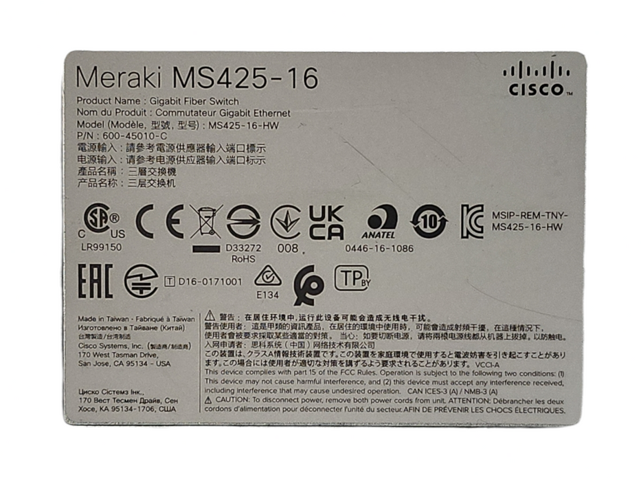 Cisco Meraki MS425-16-HW 16x 10GB SFP+ 2x 40GB QSFP+ Switch, Unclaimed