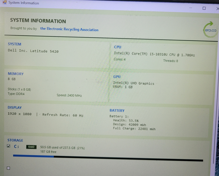 Dell LATITUDE 5420 i5-10310U @1.70GHz 8GB DDR4 256GB NVMe| READ!!  Lap200