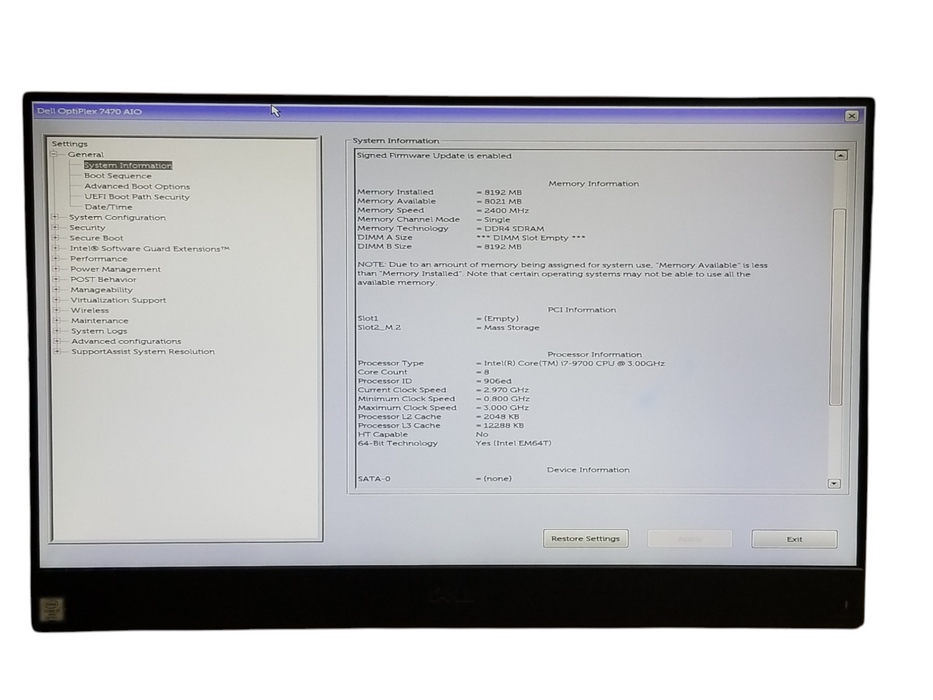 Dell OptiPlex 7470 AiO Intel i7-9700 CPU 3.0GHz 8GB RAM No HDD No Stand Q