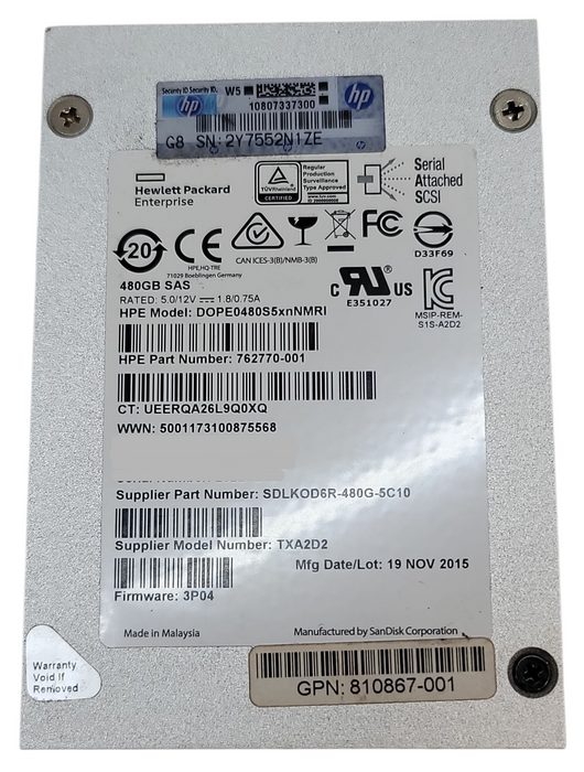 480GB SAS 2.5" 6Gb/s HPE SSD - DOPE0480S5xnNMRI / 762770-001 Q+