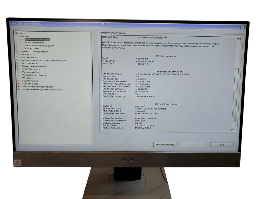 Dell Optiplex 7780 AIO, 16GB DDR4, 256GB NVMe, no OS