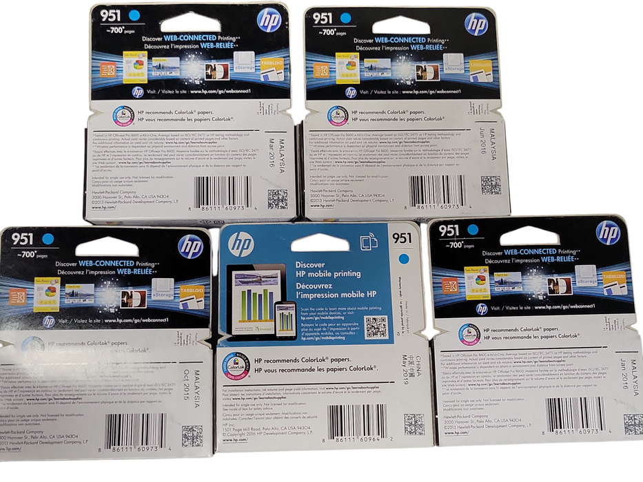 Lot of 5x new HP OfficeJet 951 Cyan ink cartridges _