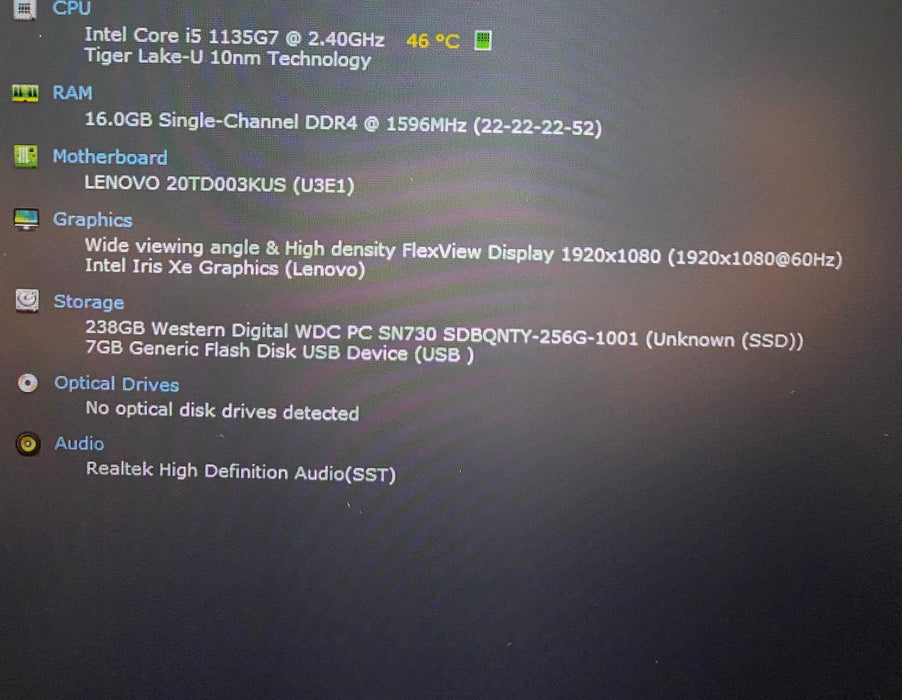 Lenovo ThinkPad E15 Gen 2 Core i5-1135G7@2.40GHz 16GB RAM 256GB SSD  Lap200
