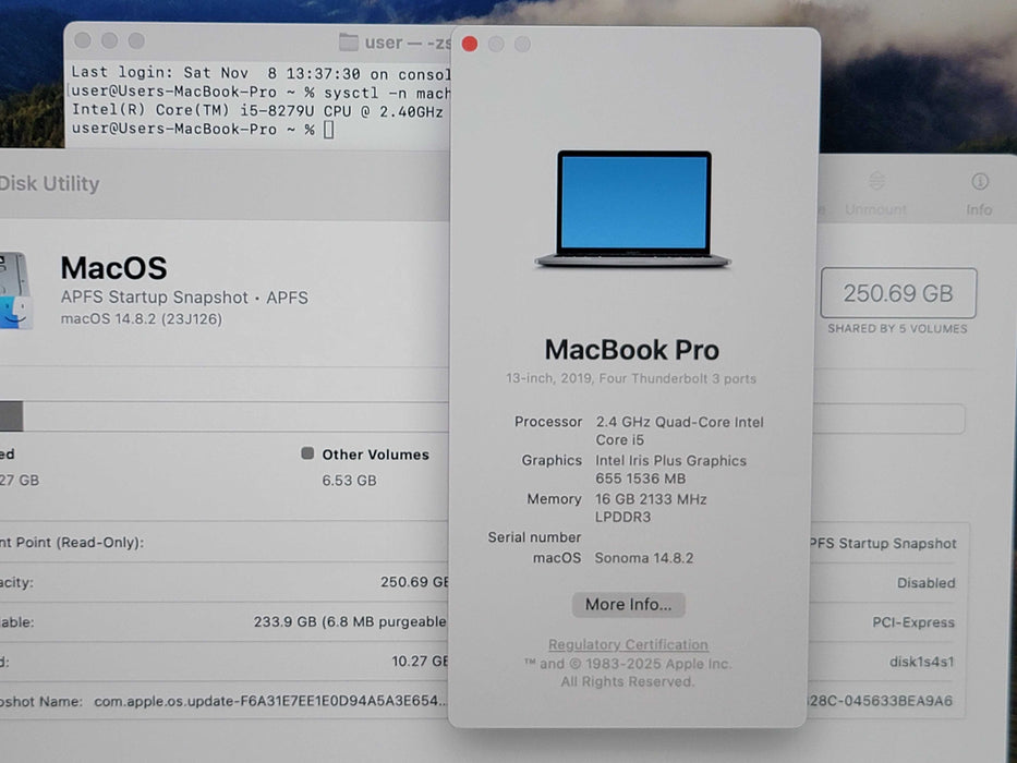 Apple Macbook Pro 2019 13" 4-Core i5-8279U @ 2.4GHz 16GB DDR3 250GB SSD