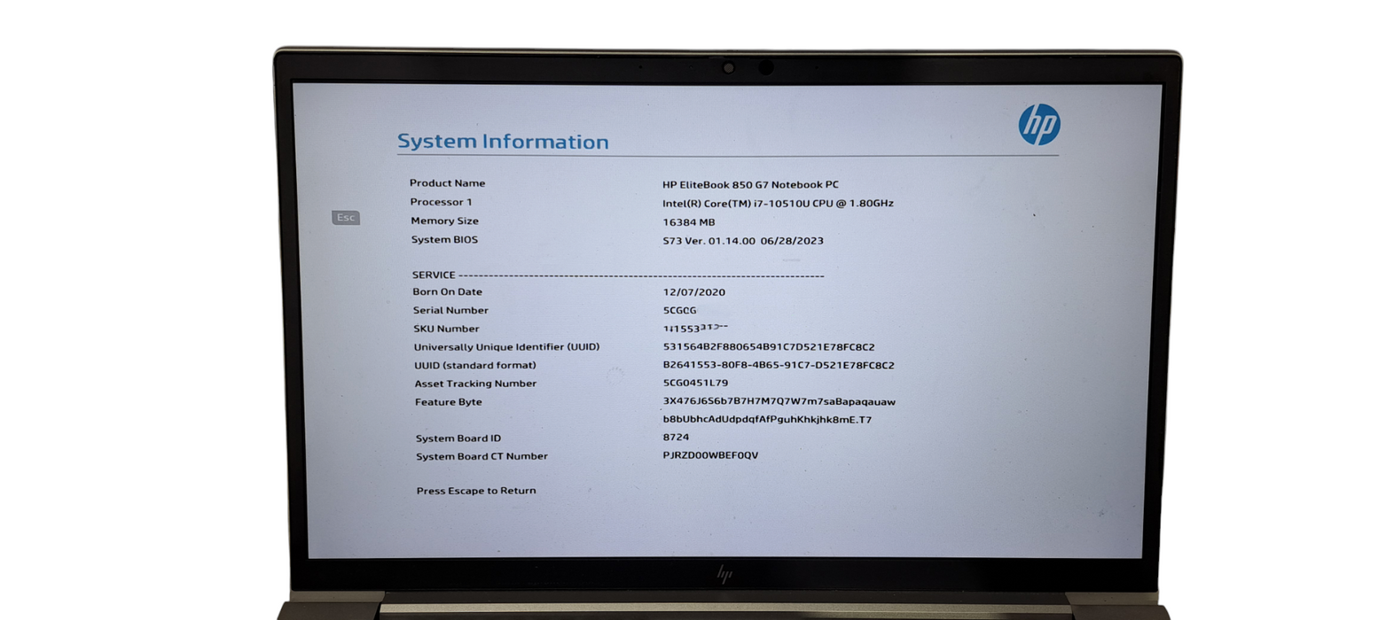 HP EliteBook 850 G7 i7-10510U CPU|16GB RAM|256GB NVMe|W/AC|READ  Lap200