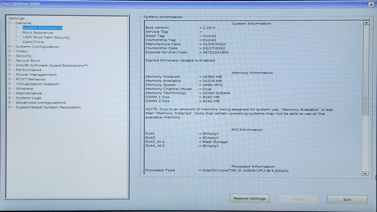 Dell OptiPlex 3080 SFF, i5-10505 3.20GHz, 16GB DDR4, 256GB NVMe