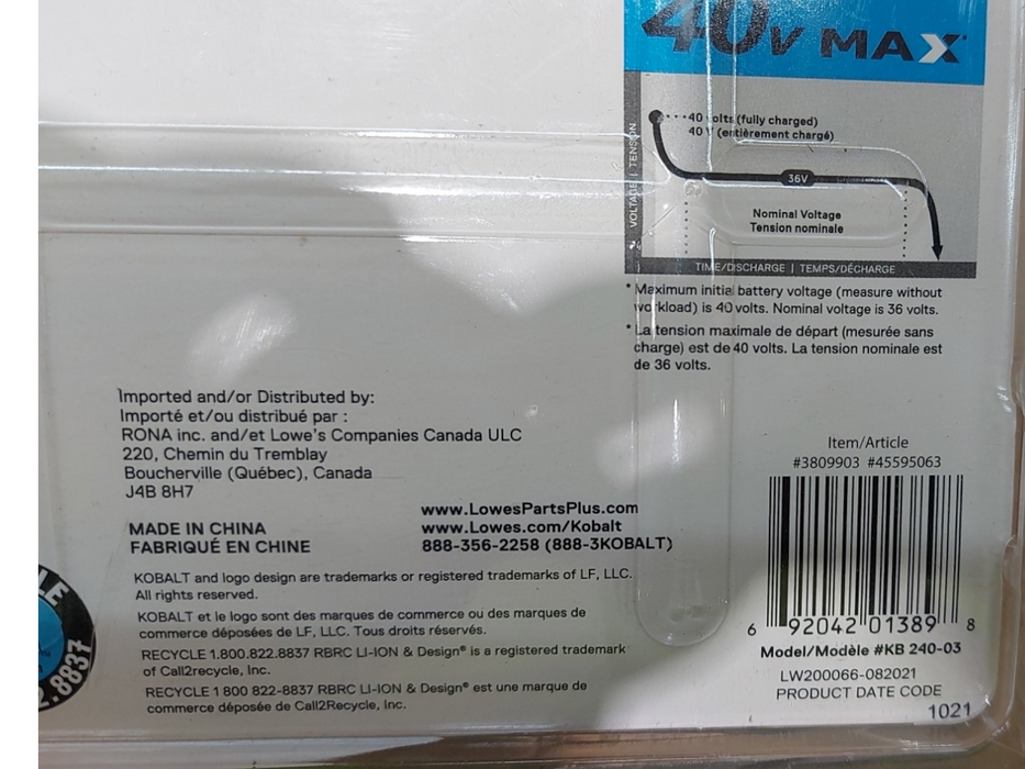 Kobalt 40v Max 4.0Ah Lithium-ion Battery (KB 240-03)