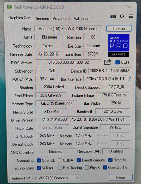 AMD Radeon Pro WX7100 8GB GDDR5 Graphics Card | 4x Display Port )