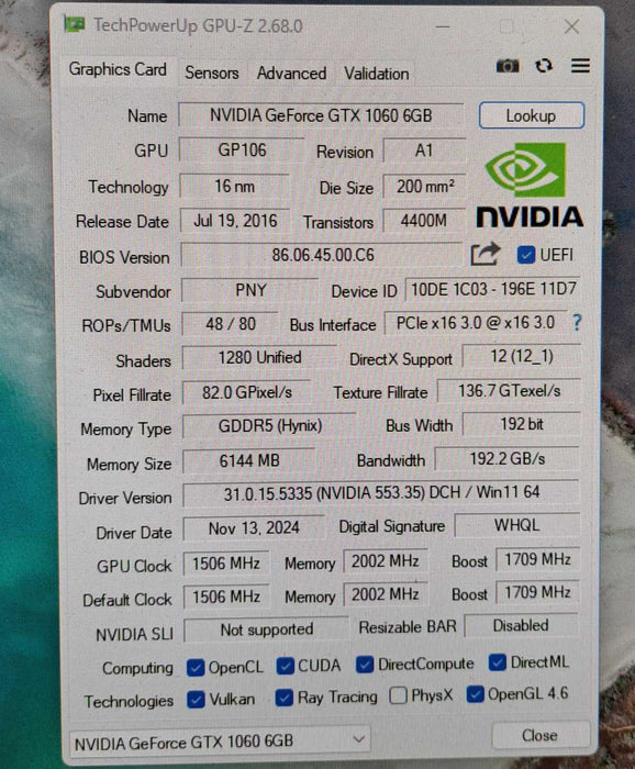 PNY GeForce GTX 1060 6GB GDDR5 PCIe Graphics Card )