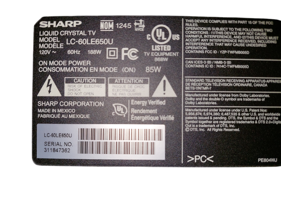 Sharp Aquos Liquid Crystal 60" TV Model: LC-60LE650U =