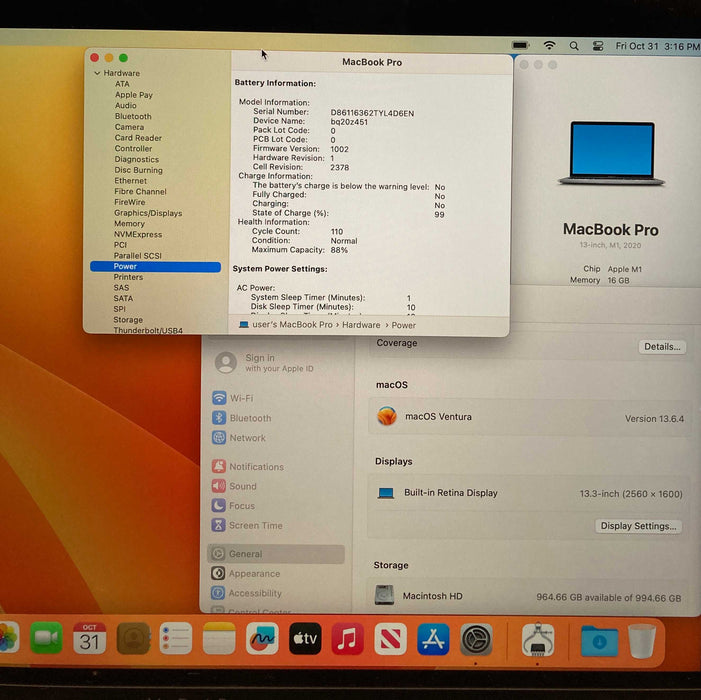 Apple MacBook Pro 13" 2020 M1 16GB RAM 1TB SSD No Power Adapter
