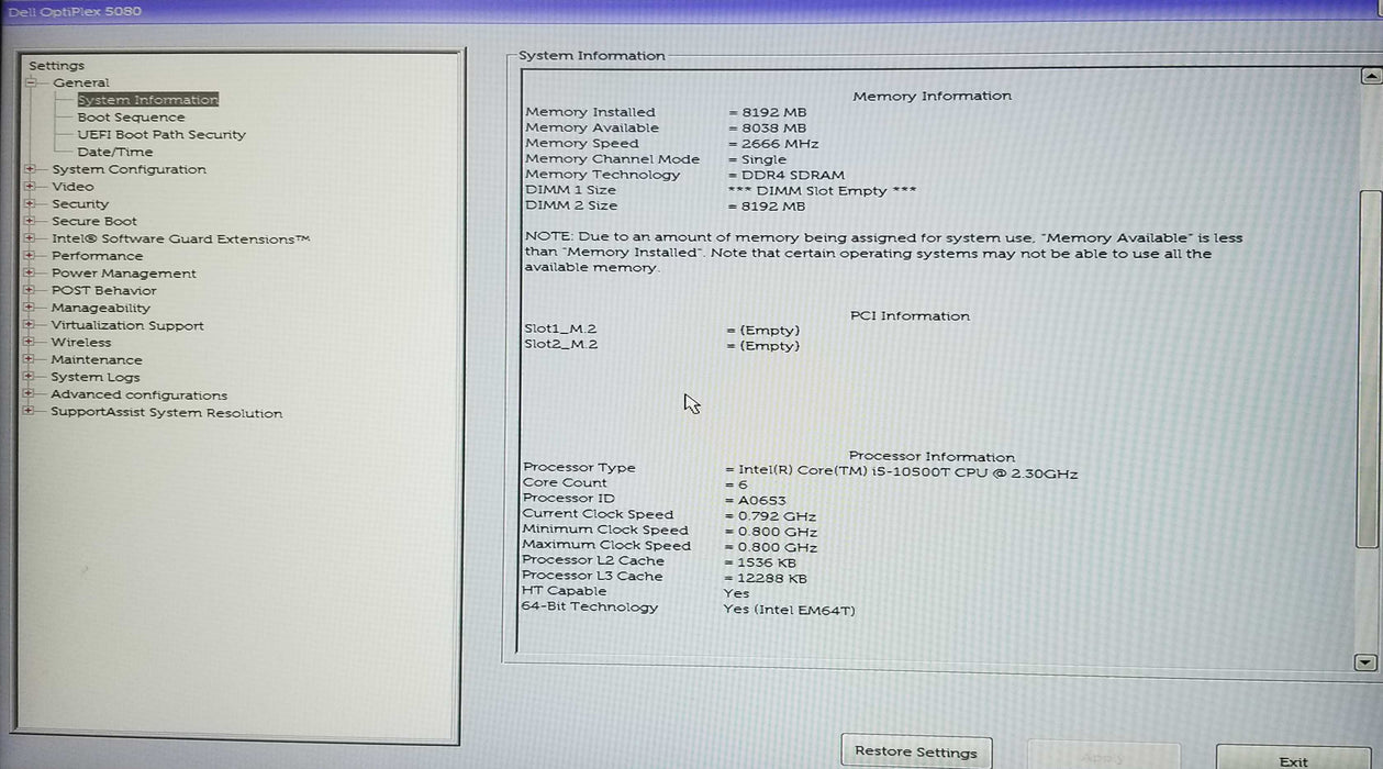 Dell OptiPlex 5080 USFF Intel i5-10500T CPU 2.30GHz 8GB RAM - No HDD