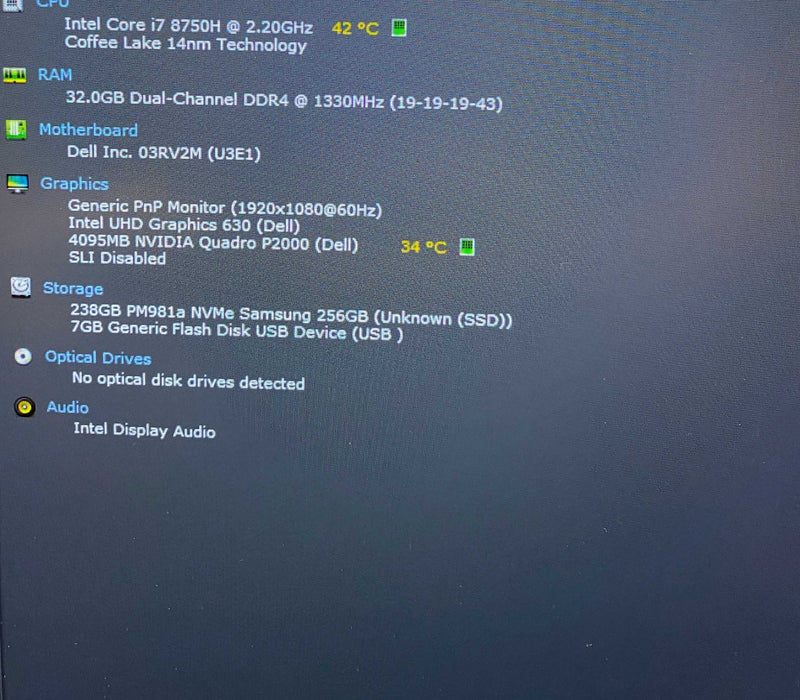 Dell Precision 7530 i7-8750H QUADRO P2000 4GB GPU 32GB RAM 256GB SSD Q Lap200