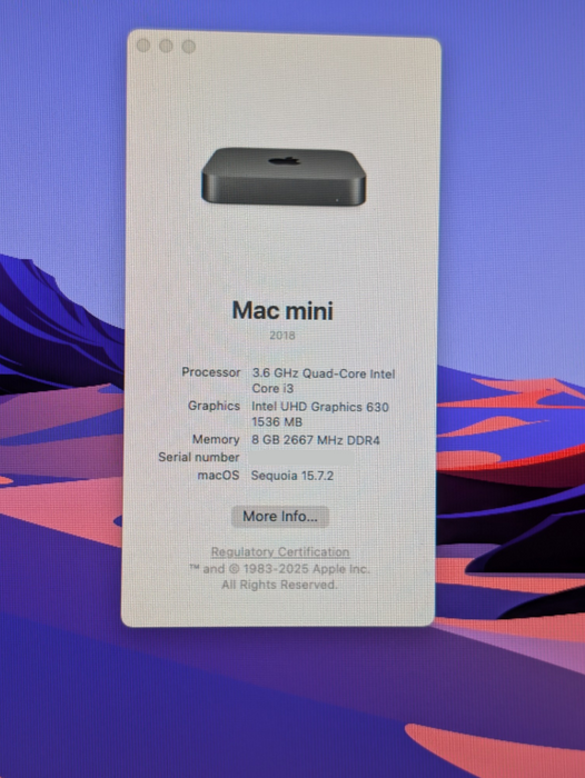 Apple Mac mini A1993 2018 Intel Core I3-8100B 8GB 120GB Storage  -
