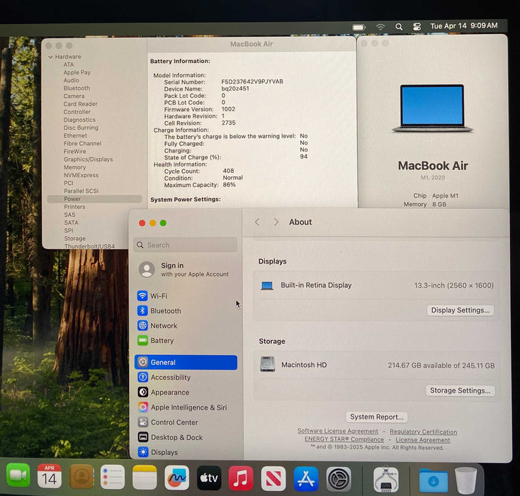 Apple MacBook Air 13" M1 2020 8GB RAM 256GB SSD No Power Adapter READ!