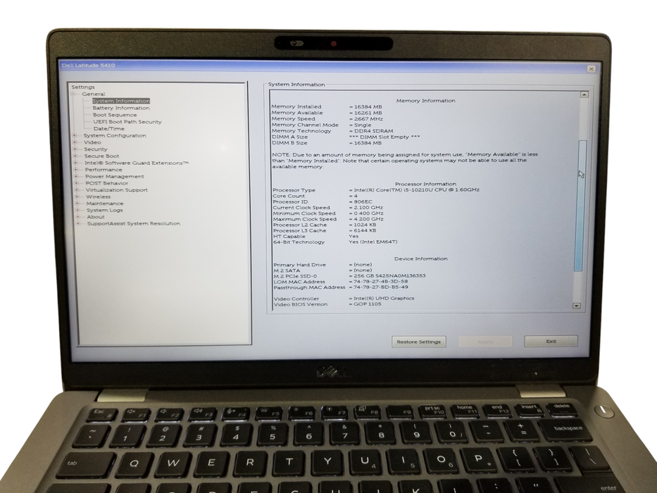 Dell Latitude 5410 Intel Core i5-10210U @1.60GHz, 16GB DDR4 256GB NVMe READ  Lap200