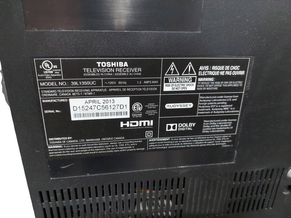Toshiba Television 39" Model: 39L1350UC  =