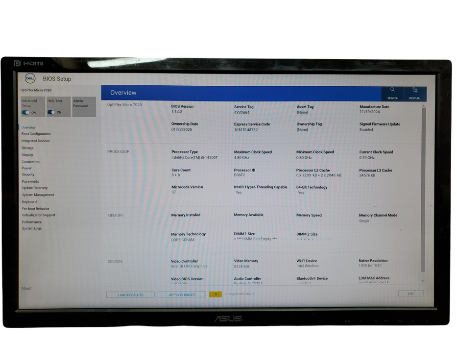 Dell Optiplex Micro 7020, i5-14500T@1.70GHz, no RAM, 256GB NVMe, no OS