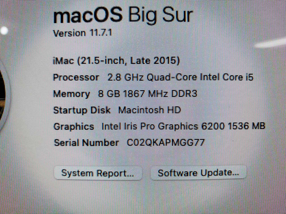 Apple iMac 21.5" A1418 2015 i5 2.80GHz 8GB RAM 1TB HDD