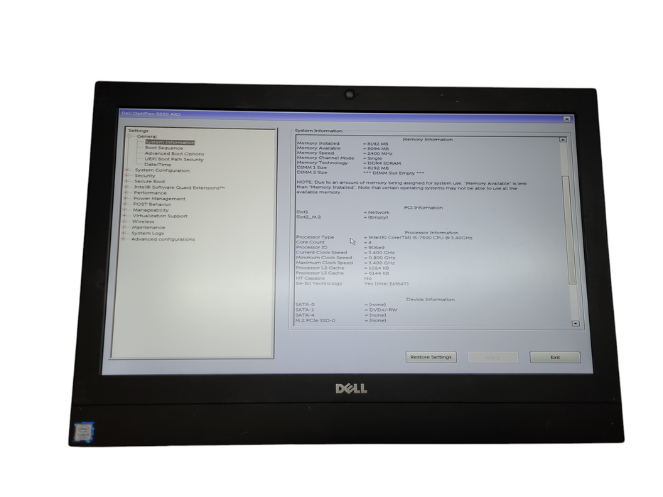Dell OptiPlex 5250 AIO i5-7500@3.40GHz  8GB RAM NO-HDD/SSD