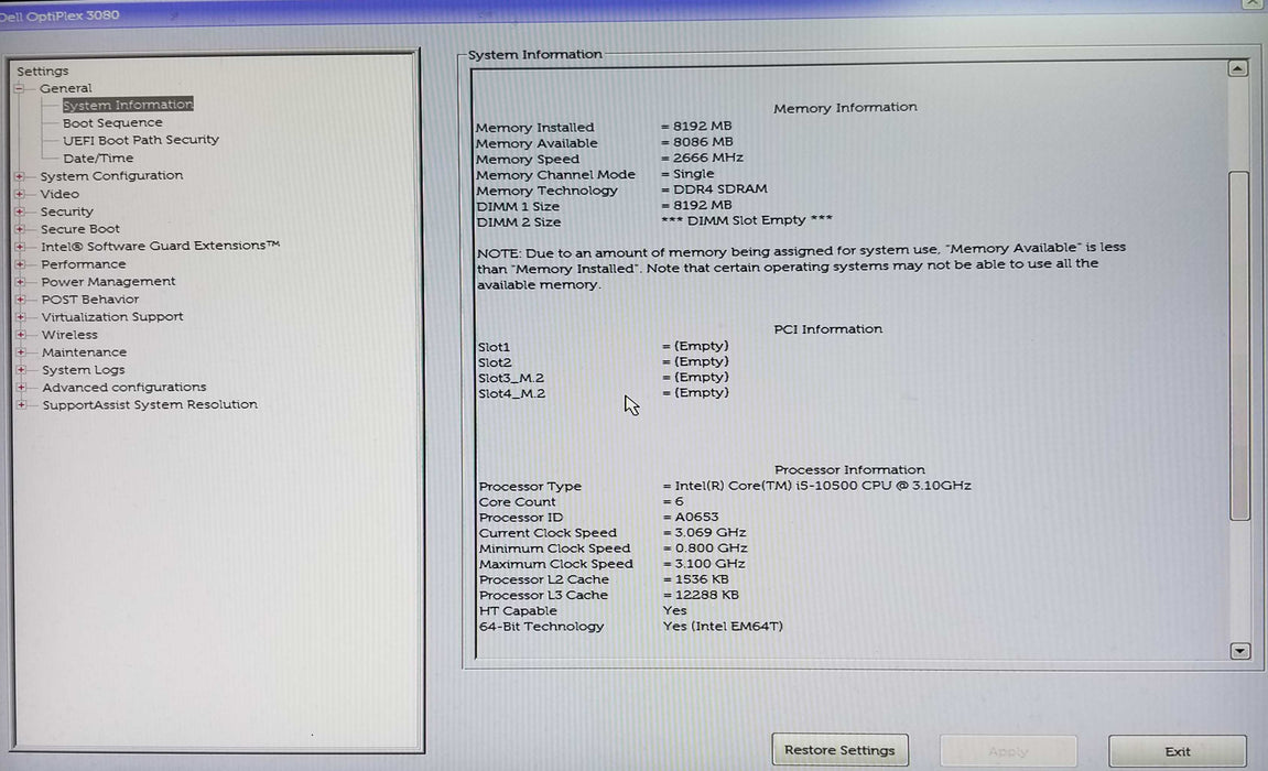 Dell OptiPlex 3080 SFF Intel i5-10500 CPU 3.10GHz, 8GB RAM - No HDD
