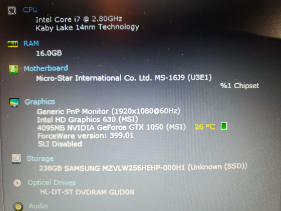 MSI GE62 Gaming15.6 Core I7-7700HQ 2.80 GHz 16GB RAM 256SSD GTX1050 READ  Lap200