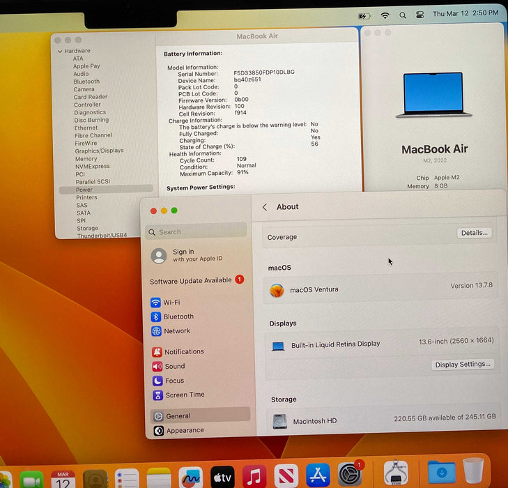 Apple MacBook Air 13 M2 2022 Space Gray 8GB RAM  256GB SSD No Power Adapter