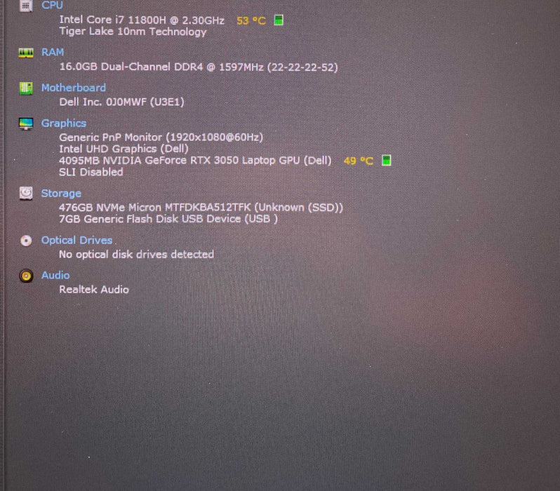 Dell Vostro 15 7510 i7-11800H RTX 3050 4GB GPU 16GB RAM 512GB SSD READ  Lap200