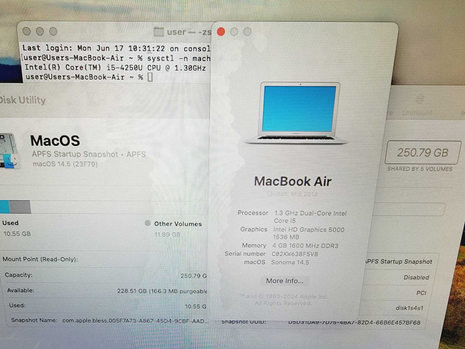 Apple Macbook Air 2013 13" 2-Core i5-4250U @ 1.3GHz 4GB DDR3 250GB SSD [Sonoma OS] (