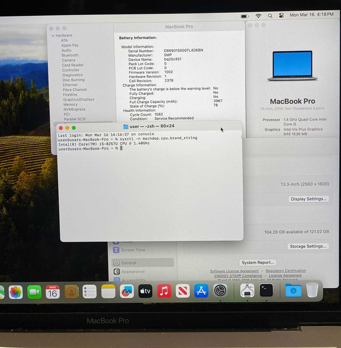 Apple MacBook Pro 13" 2019 i5-8257U 8GB 128GB SSD No Power Adapter READ!