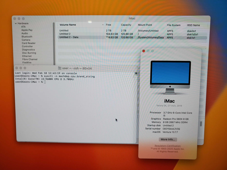 Apple iMac 27" 5K 2019, i5-9600K@3.7GHz, 8GB RAM,  2TB HDD + 128GB SSD