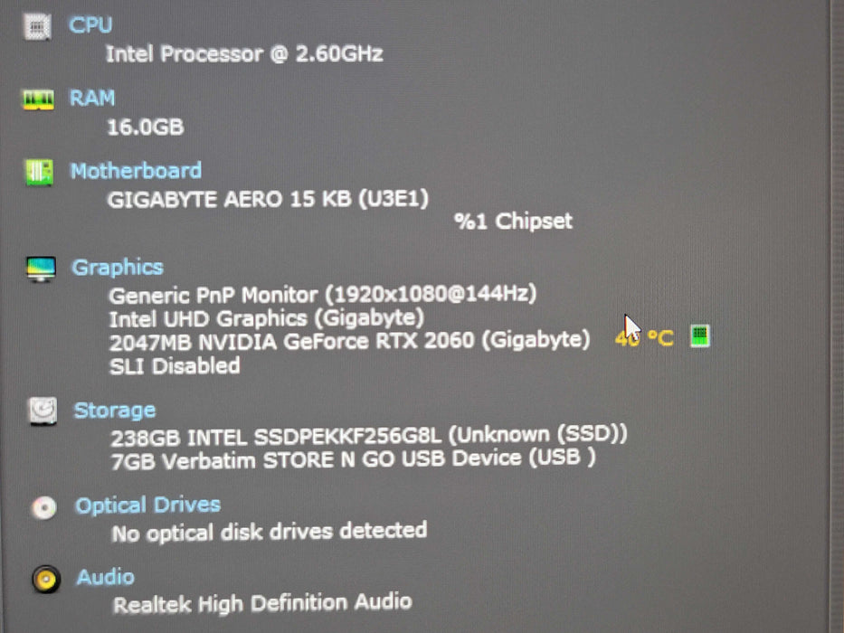 Gigabyte Aero 15 i7-10510U 16GB DDR4 RTX 2060 256GB NVMe READ  β Lap200