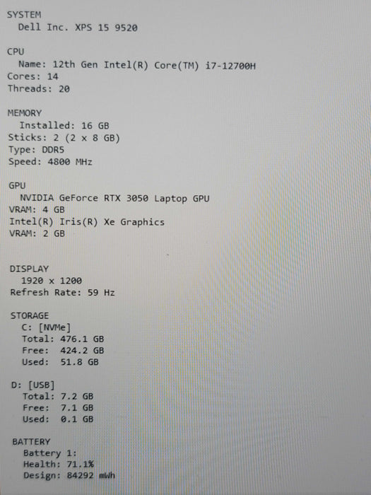 Dell XPS 15 9520 i7-12700H 16GB DDR5 RTX 3050 512GB NVMe READ  β Lap200