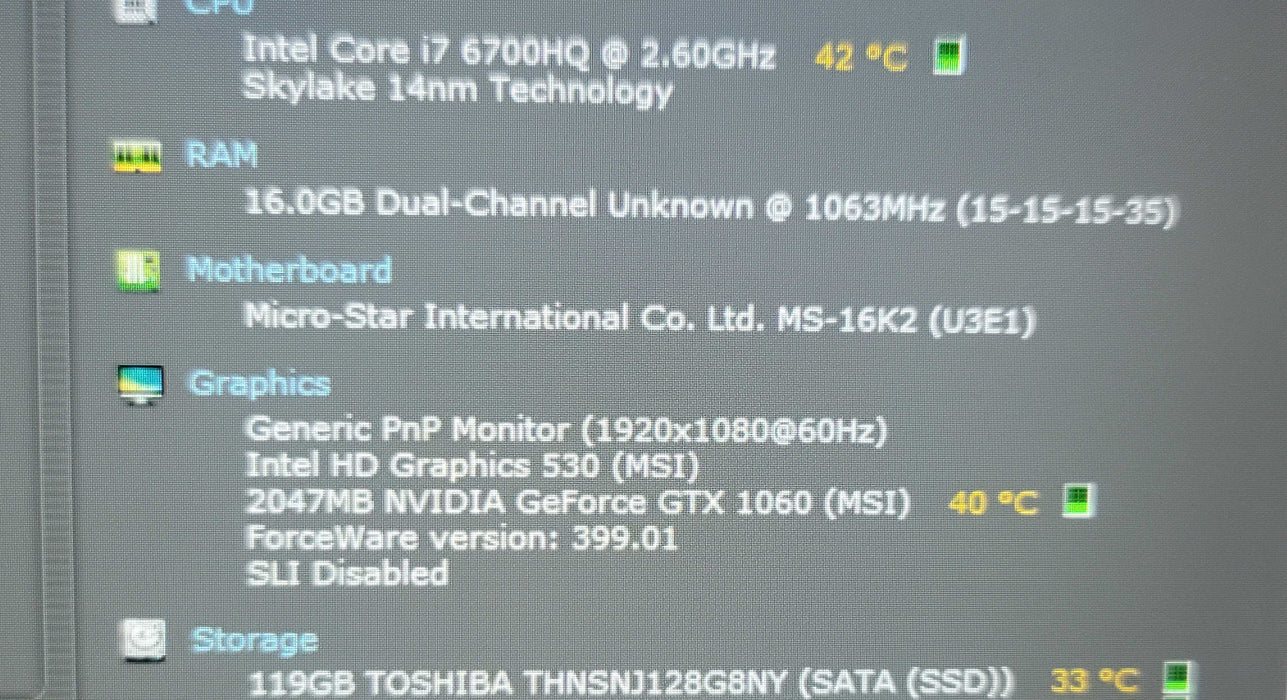 MSI Stealth Pro GS63VR i7-6700HQ 16GB DDR4 GTX 1060 128GB SSD NO BATTERY  β Lap200