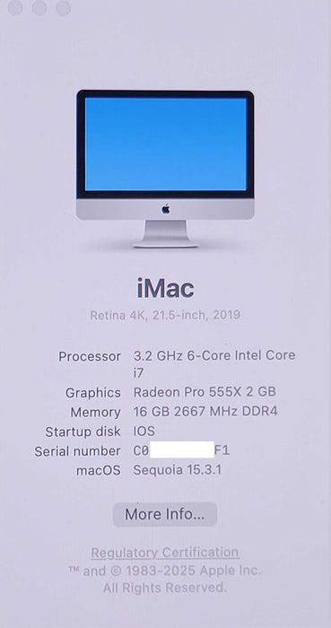 iMac 2019 Retina 4K 21.5" Core I7 3.2GHz 16GB 1TB Radeon Pro 555x 2GB SEE _