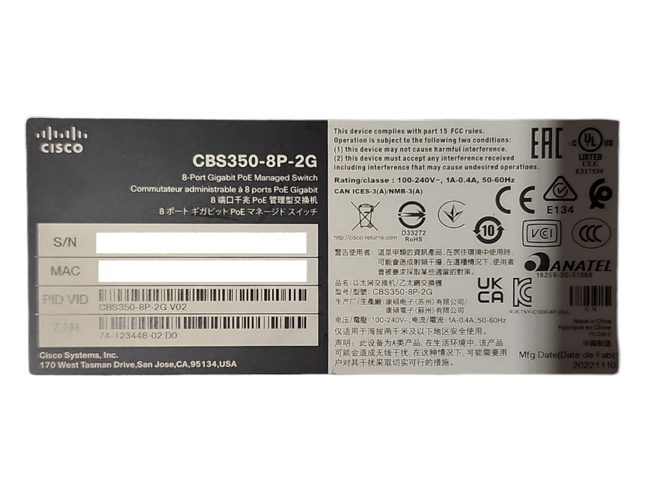 Cisco CBS350-8P-2Gv02 8-Port Gigabit PoE+ Compliant Managed Network Switch