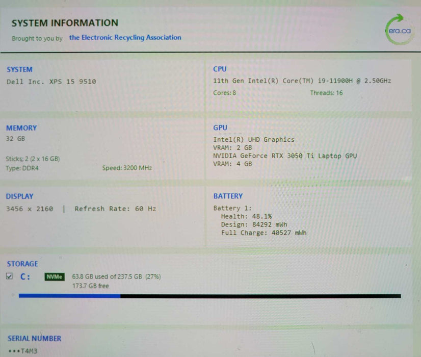Dell XPS 15 9510 i9-11900H 32GB DDR4 RTX 3050Ti, 256GB NVMe, Touch, READ _ Lap200