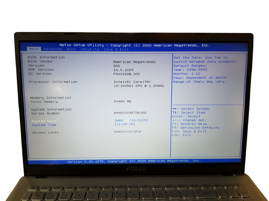 Asus Vivobook X509JA HD Screen Intel i3-1005G1 20GB RAM 256GB NVMe w/Adapte  Lap200