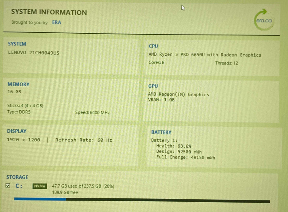 Lenovo ThinkPad T16 Gen 1 AMD Ryzen 5 PRO 6650U 16GB RAM 256GB SSD  Lap200