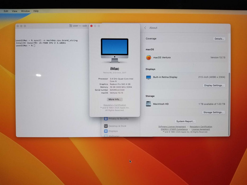 Apple iMac Retina 4K 2017 21.5", i5-7500 CPU 3.40GHz 16GB RAM 1TB