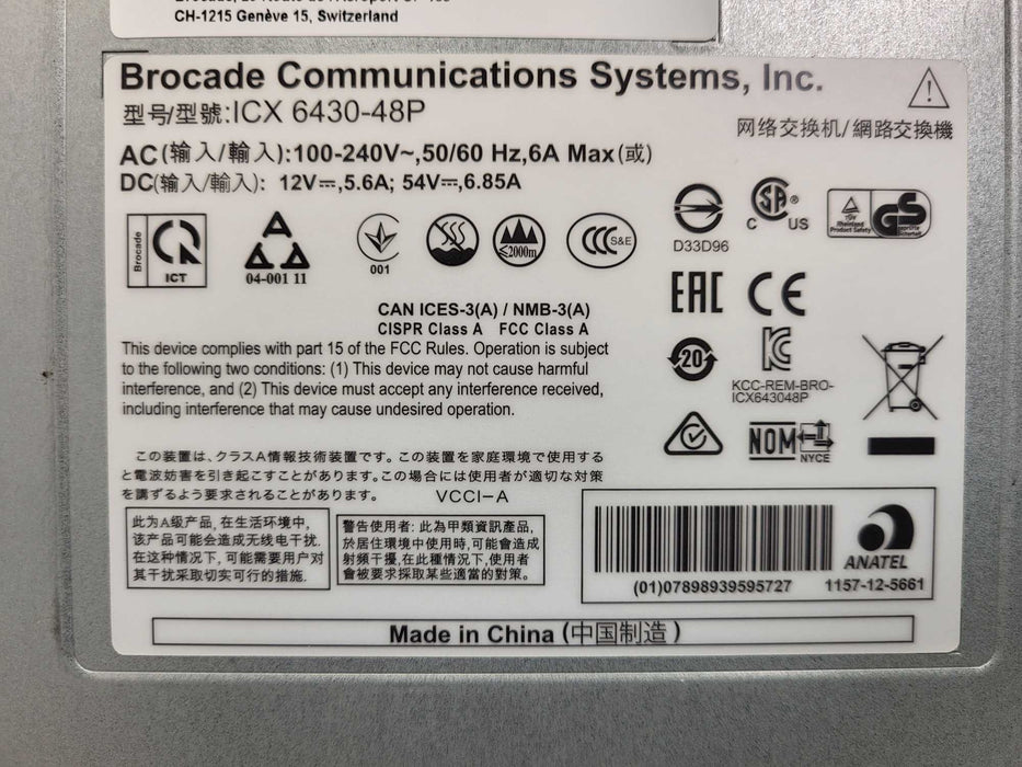 Brocade ICX 6430-48P 48x 1GbE RJ45 PoE + 4x 1GbE SFP Port 1U Switch $