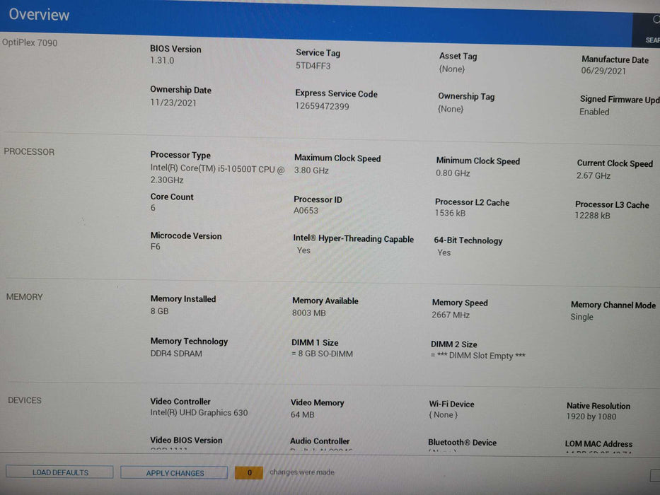 Dell Optiplex 7090 i5-10500T CPU|8GB RAM DDR4|256GB NVMe !
