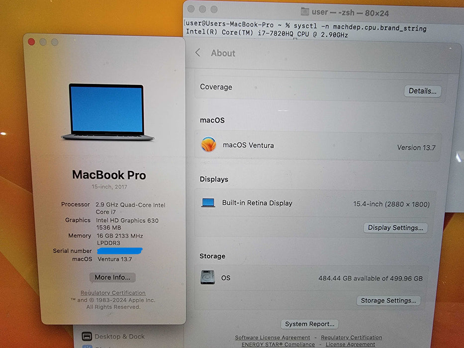 MacBook Pro 15" 2017 |4-Core i7-7820HQ @2.9GHz 16GB RAM 500GB-SSD Radeon READ