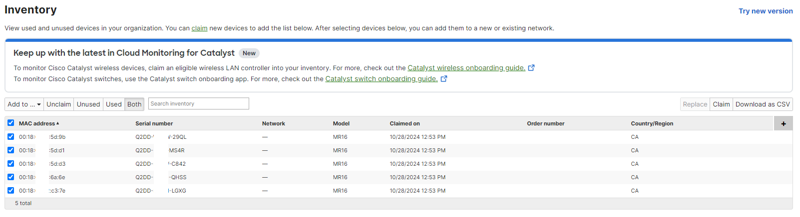 Lot of 5x Cisco Meraki MR16 Wireless Access Point, UNCLAIMED