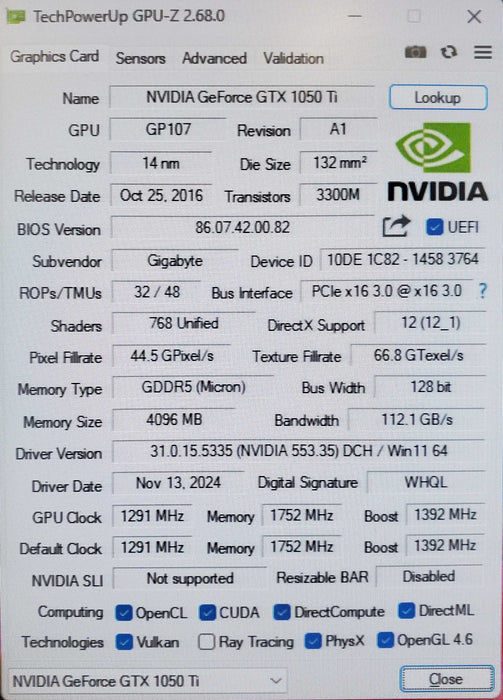 Gigabyte GeForce GTX 1050 Ti 4GB GDDR5 Graphics Card