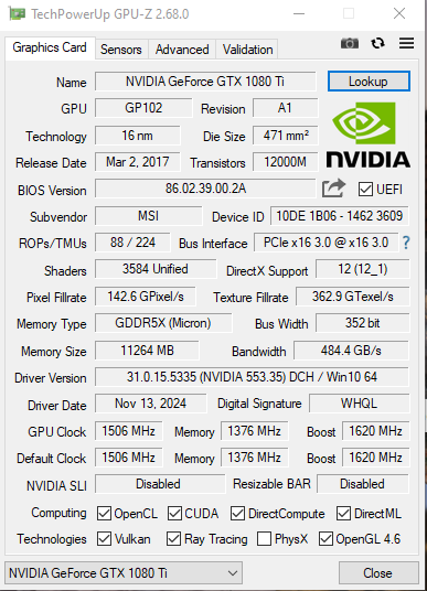 MSI GeForce GTX 1080 Ti AERO 11G OC 11GB GDDR5X Graphics Card