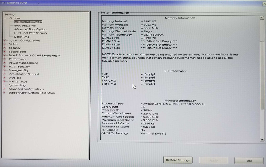 Dell OptiPlex 5070 SFF Core i5-9500 CPU 3.0GHz 8GB RAM - No HDD
