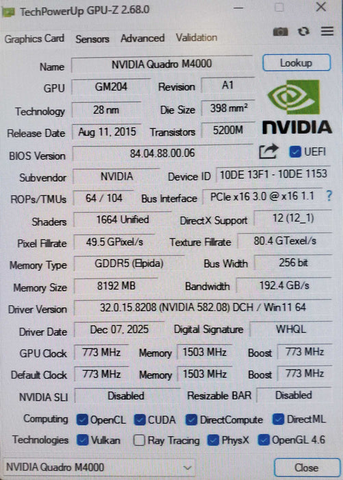 NVIDIA Quadro M4000 8GB GDDR5 Graphics Card / 4xDP Q