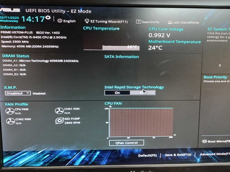 Asus Prime H370M-Plus Motherboard & Intel i5-9400 @2.9Ghz CPU