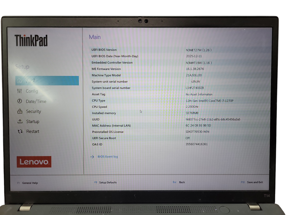Lenovo ThinkPad T14 Gen 3 i7-1270P 32GB DDR4 256GB NVMe ! Lap200
